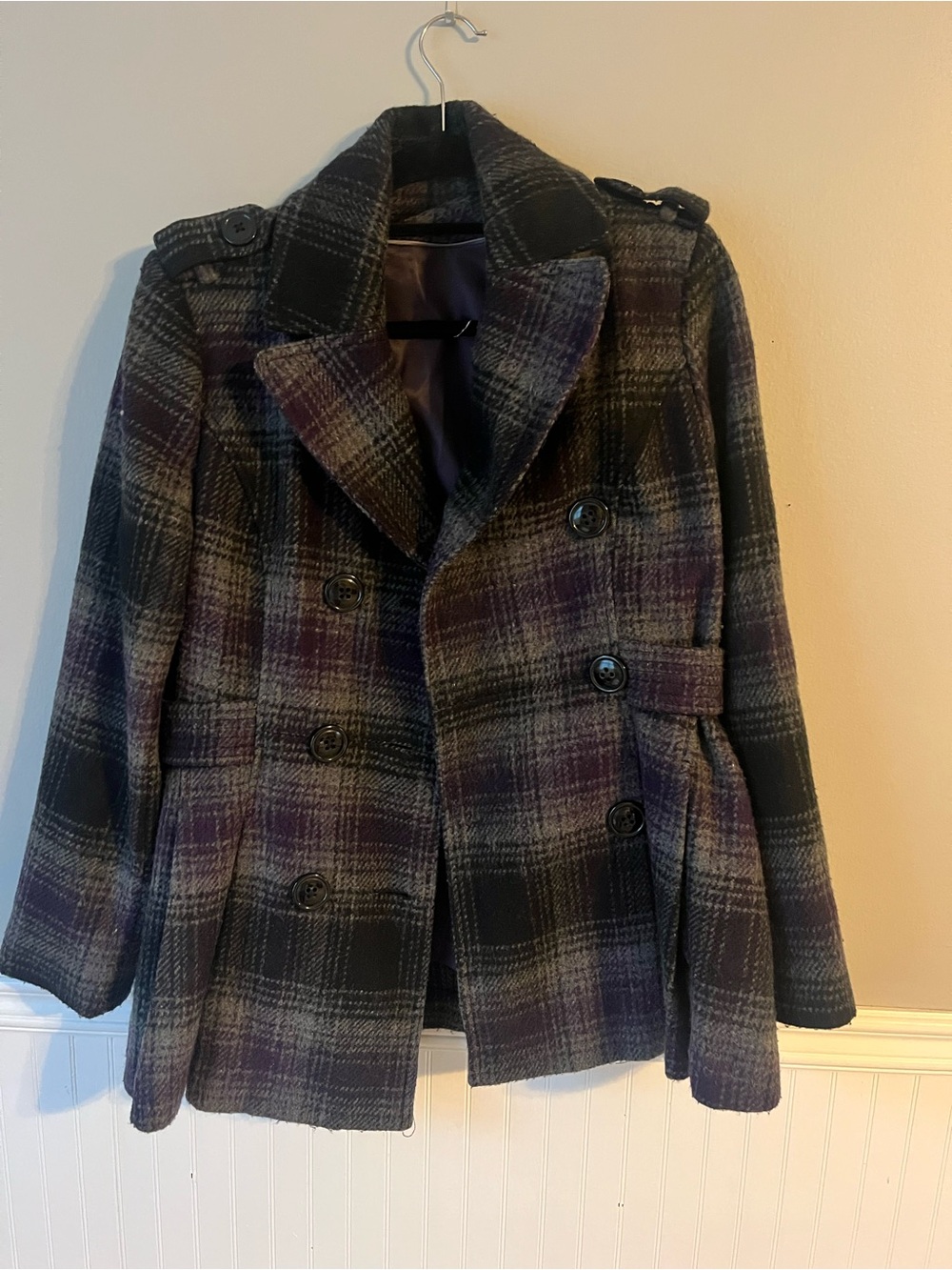 Worthington Black & Purple Plaid Double-Breasted Peacoat